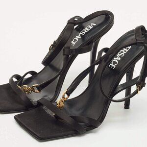 Versace Black Satin Medusa T-Strap Sandals Size 38.5